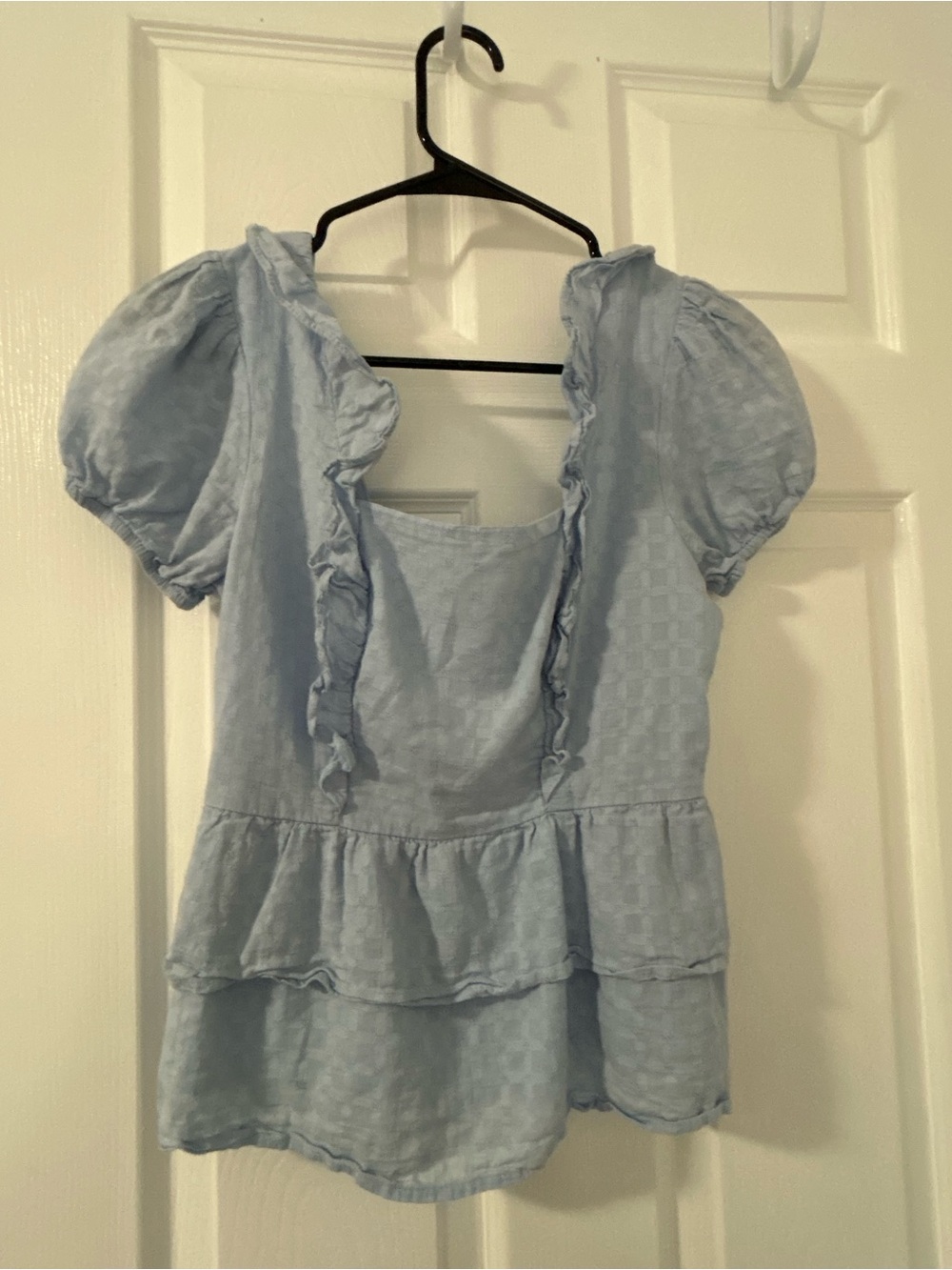 SO Light Blue Ruffle Peplum Puff-Sleeve Top